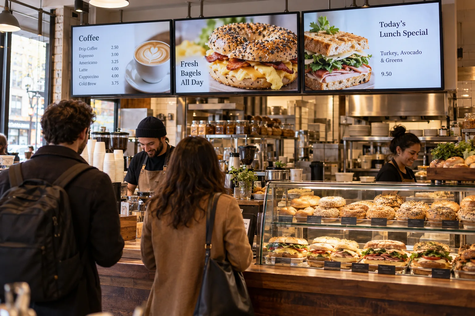 Neighborhood deli with digital breakfast and sandwich menus above the counter.