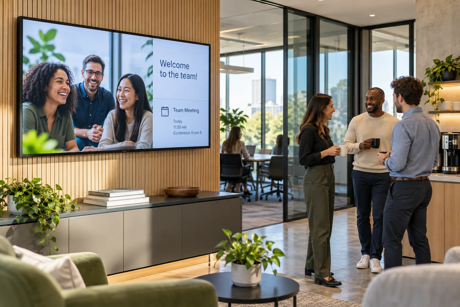 Office common area with colleagues and a screen showing a team welcome and meeting announcement.