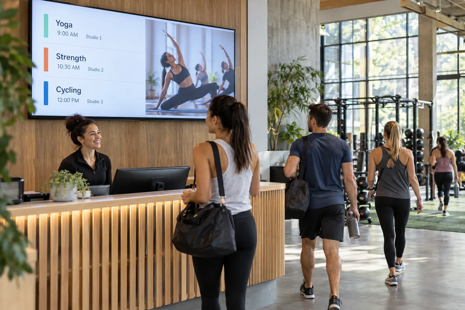 Gym reception with a digital class timetable and members heading to their workout.