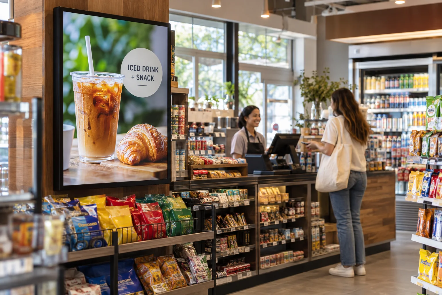 Convenience store checkout with a portrait digital screen advertising a drink and snack offer.